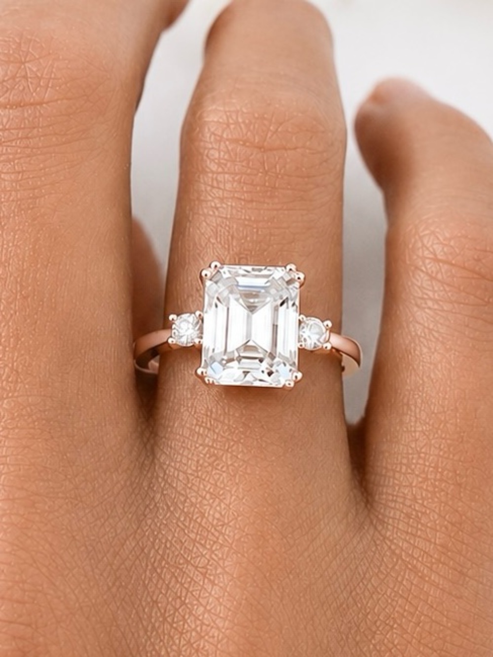 Rose Gold Emerald And Round Moissanite 3 Stone Sterling Silver Engagement Ring
